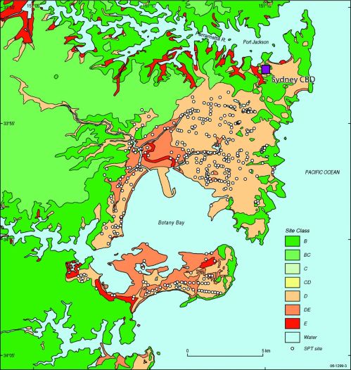 Site classes for parts of Sydney (values D, DE and E show weaker soils and thus greater amplification of earthquake shaking)