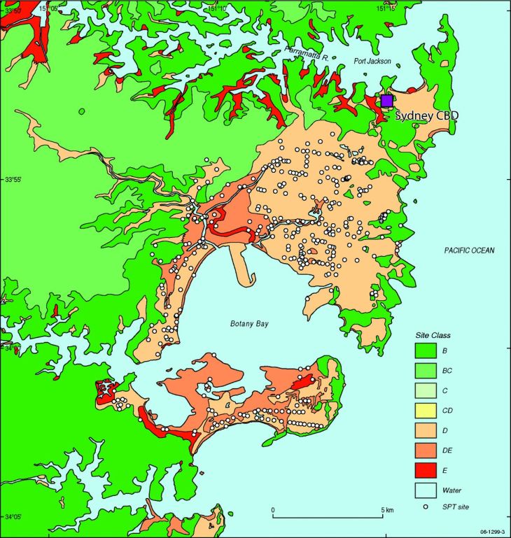 Site classes for parts of Sydney (values D, DE and E show weaker soils and thus greater amplification of earthquake shaking)